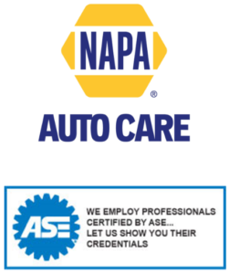 Napa and ASE logos showing credentials of Scofield Automotive Repair in Roseburg and Green, OR
