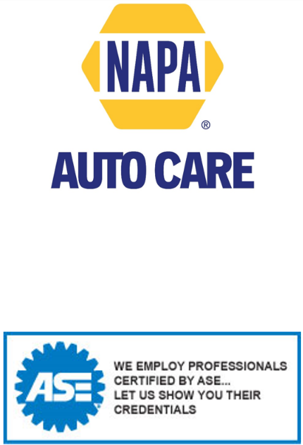 Napa and ASE logos showing credentials of Scofield Automotive Repair in Roseburg and Green, OR